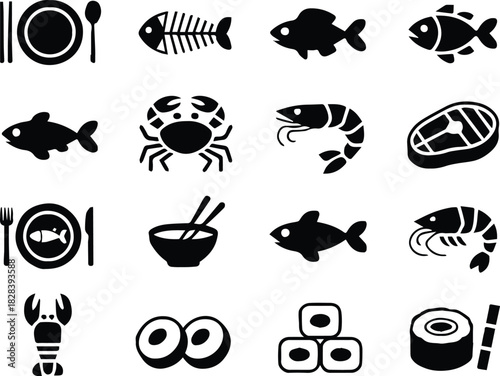 seafood silhouette icons vector fish steak crab shrimp sushi bowl