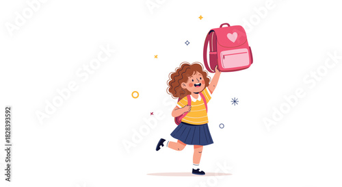 Eager young student joyfully holding up her pink backpack ready for school adventures and learning opportunities, full of excitement and anticipation