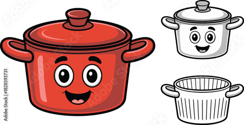 Three Cartoon Cooking Pots Red Pot with Face, Outline Style Silverware Pot Designs
