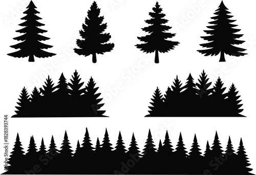 tree border conifer forest skyline row of pine silhouettes vector