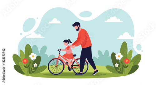 Father teaches his daughter to ride a bike in a lush park illustration, creating precious family memories with love and support in a vibrant outdoor scene