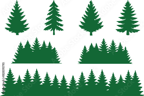 tree icons conifer silhouettes cluster horizon line art vector