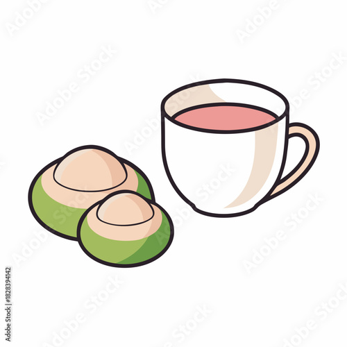 A cup of tea and Japanese wagashi sweets illustration