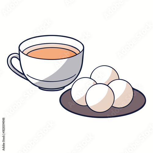 A cup of tea and mochi sweets on a plate illustration
