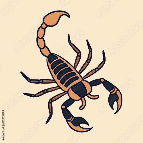 A detailed illustration of a scorpion with claws and tail