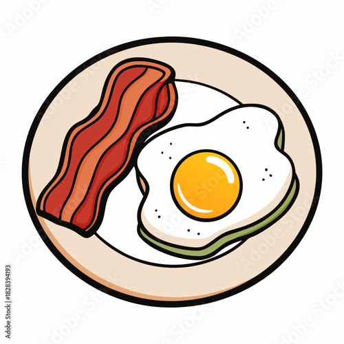 A Fried Egg And Bacon Plate Illustration On White