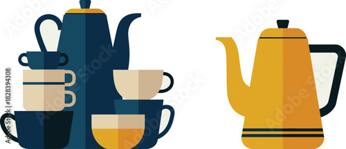Two Coffee Sets Blue Teapot with Cups, Yellow Teapot Isolated on White