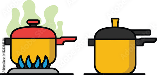 Two Cooking Pots One on a Gas Stove with Rising Steam, The Other Idle