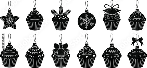 Christmas cupcake silhouette, festive dessert icons, holiday ornament, black vector, snowflake decoration, star topping, bell accent, seasonal treat, icing swirl, bow detail