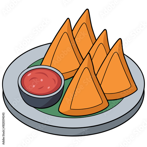 A plate of samosas with chutney ready to eat