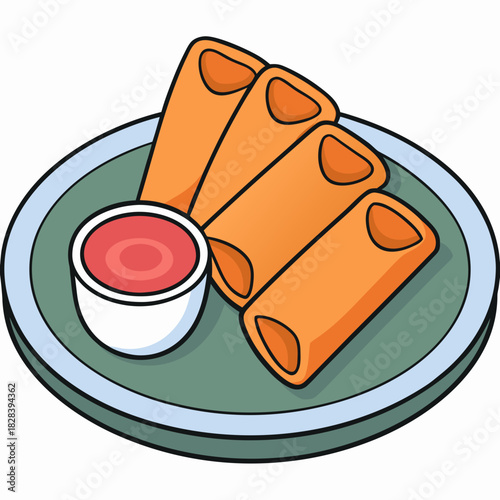 A plate of spring rolls with dipping sauce in a minimal style