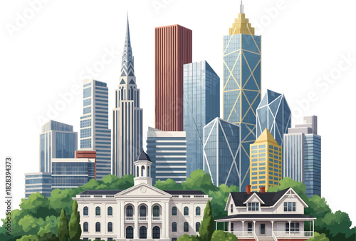 Diverse architectural styles showcase a blend of historic and modern buildings nestled amongst lush green trees