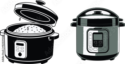Two Different Instant Pot Illustrations One Open with Rice, One Closed with Digital Display