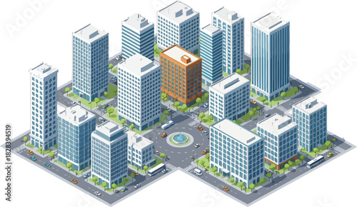 Isometric view of a modern city block with numerous tall skyscrapers and a central circular park area