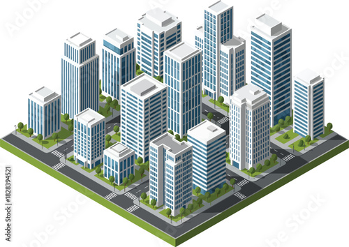 Isometric view of a modern city block with numerous tall skyscrapers streets and green spaces on a white background