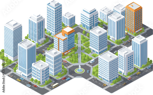 Isometric view of a modern city block with tall skyscrapers green parks and busy streets in a bright daylight scene