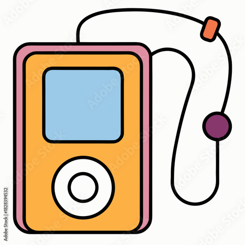 A vintage MP3 player and earbuds in minimal graphic design