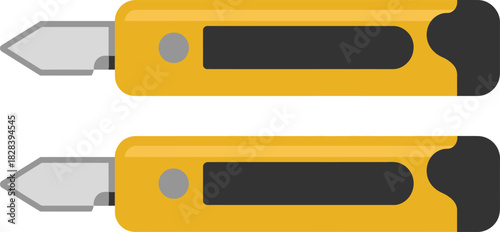 Two Yellow Box Cutters with Retracted Blades and Black Grips on White