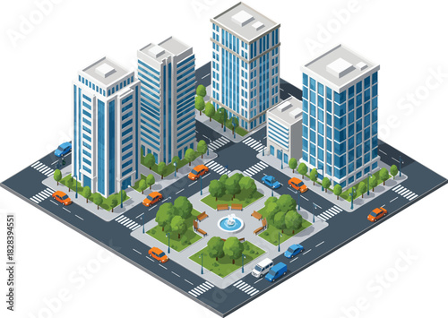 Isometric view of a modern city block with tall office buildings and a central park with trees and a fountain