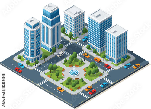Isometric view of a modern city block with tall office buildings surrounding a lush green park and busy intersection with cars