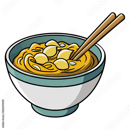 Bowl of Curry Udon Noodles with Chopsticks Illustration
