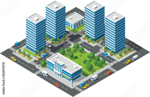 Isometric view of a modern city block featuring tall office buildings and a central green park with streets and cars