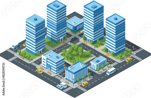 Isometric view of a modern city block featuring tall glass skyscrapers and green urban spaces with roads and vehicles