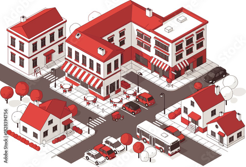 Charming isometric view of a snowy european city street with red rooftops and bustling activity