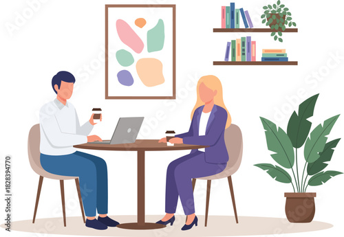 Two business professionals having a meeting and drinking coffee at a table in a modern cafe with artwork and plants