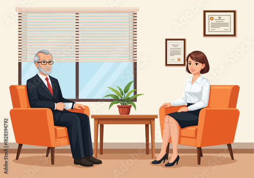 Professional business meeting between a senior man and a young woman in a modern office setting