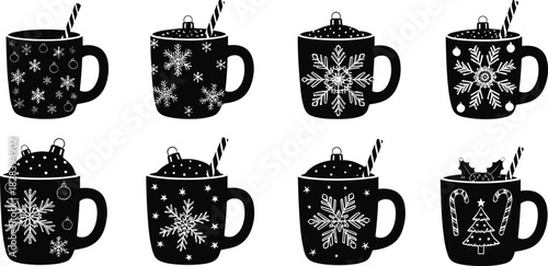 Christmas mug silhouette set, snowflake and ornament patterns, candy cane straws, festive holiday drink icons, black vector illustration, seasonal design