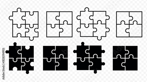 Four puzzle piece icons in outline and solid black with transparent background jigsaw symbol