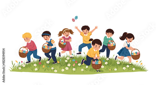 Joyful children running with Easter baskets on a sunny spring day, celebrating the holiday with smiles and laughter amidst blossoming flowers