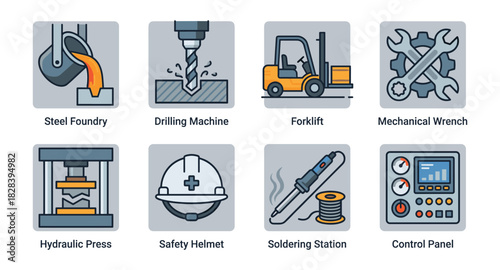 Industrial Equipment Icons, Including Steel Foundry, and Drilling Machine.