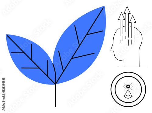 Nature concept. Nature inspired design with blue leaf, mindful head symbol, and visionary icon. Nature growth, mindfulness, and vision. For wellness, sustainability creativity mental health
