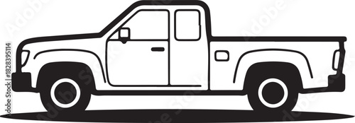 Black outline vector graphic of a modern pickup truck viewed from the side on a dark background