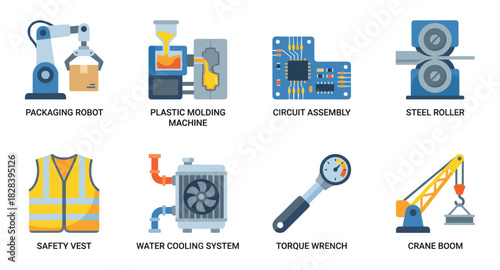Industrial manufacturing process elements depicted by cartoon icons.
