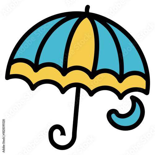 Cartoon umbrella in blue and yellow against a white backdrop