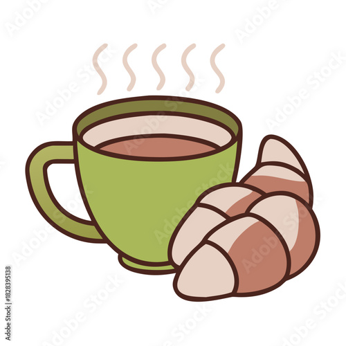 Cup of Hot Coffee with Croissant on Black Background