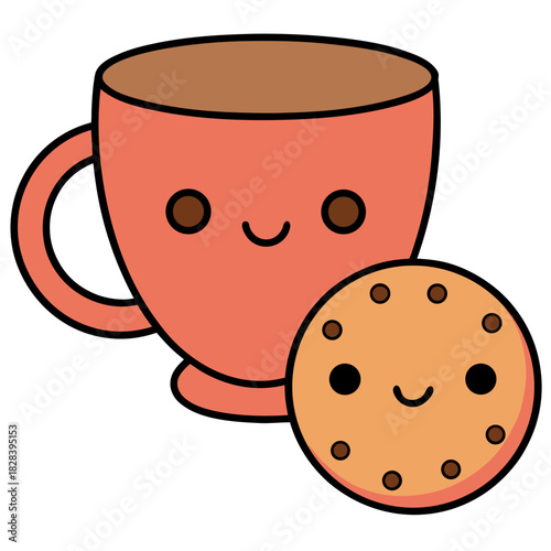 Cute Cartoon Cup And Cookie Smiling With Happy Faces