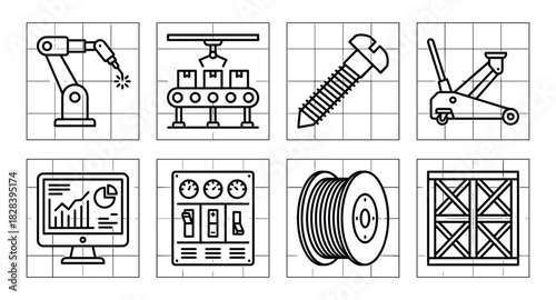 Outlined Industrial Automation Process and Tools Illustration Set on Grid
