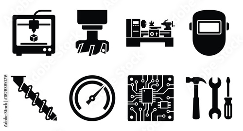 Diverse set of manufacturing and construction tools icons in black and white