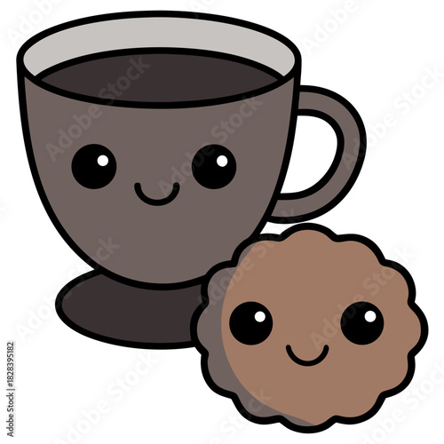 Cute chai cup beside a happy biscuit cartoon graphic