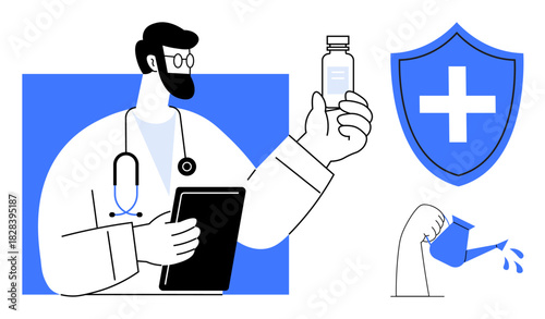 Doctor with stethoscope holding tablet and medicine, shield with cross for healthcare, hand pouring water on plant for growth. Ideal for healthcare, wellness, medicine, protection, growth