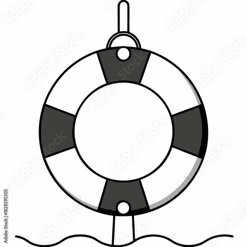 Lifebuoy floating above a wavy waterline in black and white