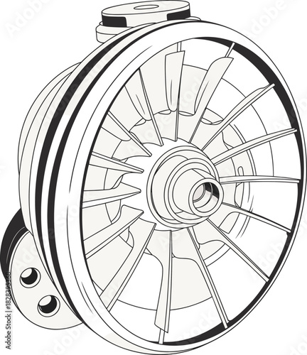 Centrifugal pump impeller, mechanical component drawing, industrial machinery vector, rotating equipment, engineering design, fluid dynamics, turbine part, technical illustration, machine element
