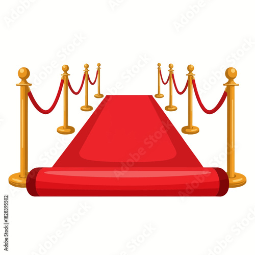 Red carpet unrolling with golden stanchions vector illustration