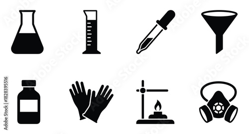 Science Lab Icons: An array of eight essential lab equipments in black vector illustration