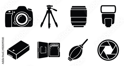 Professional photographic equipment icon set including camera and accessories.