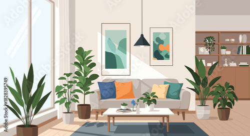 Modern living room interior with houseplants and cozy decor, perfect for real estate marketing, home design blogs, and creating a relaxing atmosphere